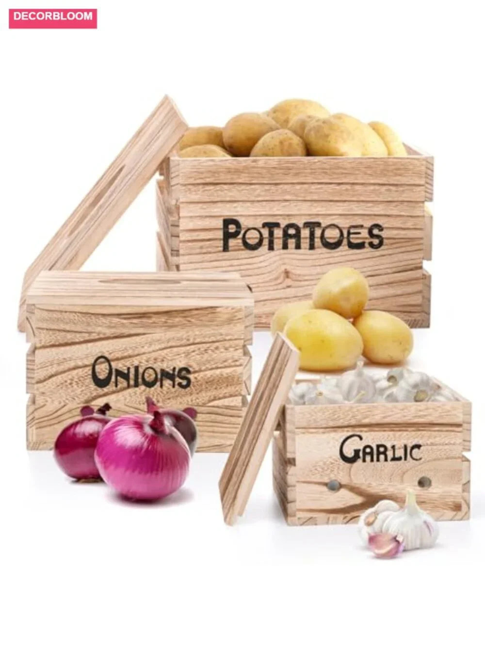 Wooden Vegetable Storage Bins Set with Lids and Ventilation Holes